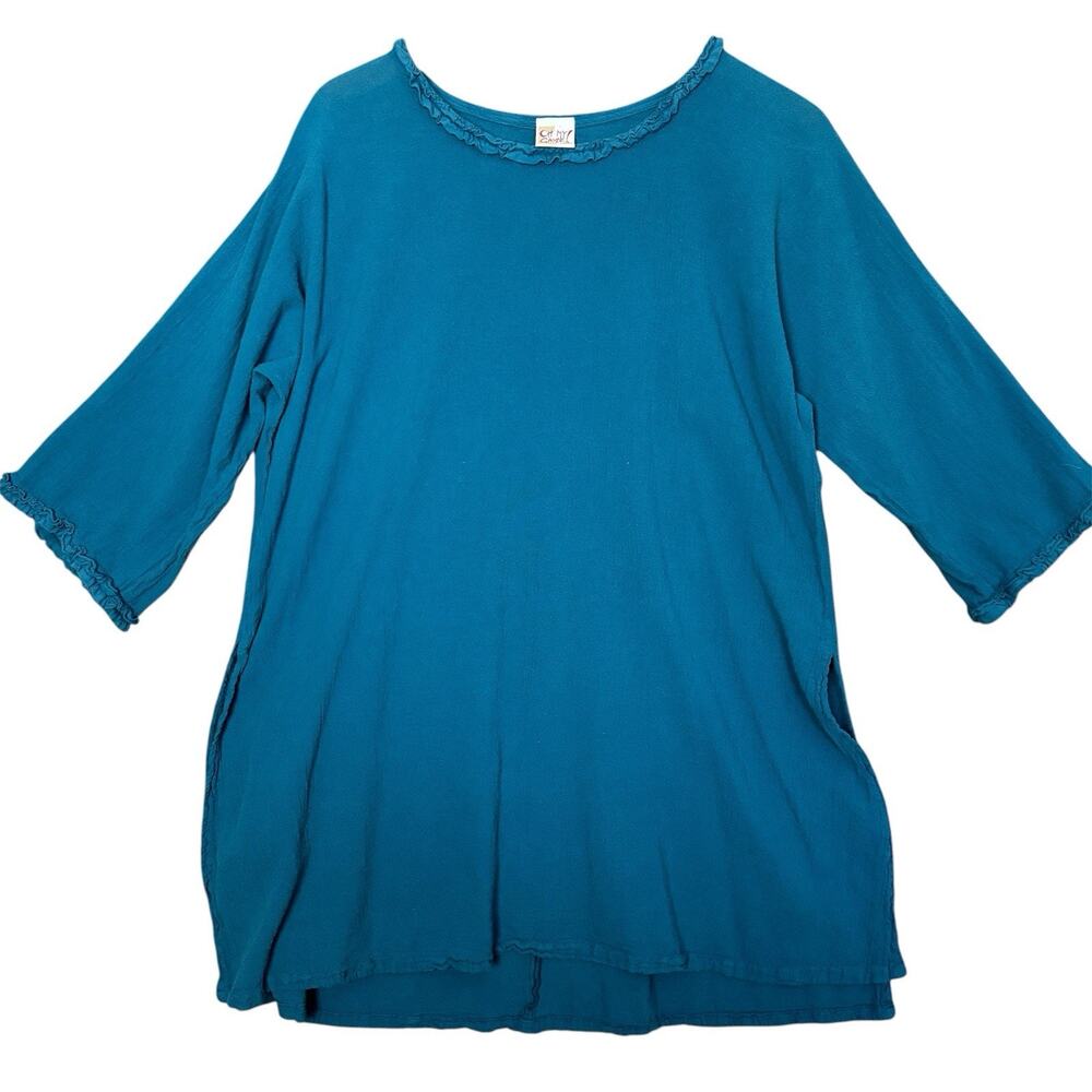 Oh My Gauze Blue Cotton Tunic Top Crinkle Loose Boho Lagenlook Womens 2